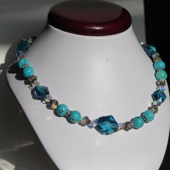 Mosaic Beaded Turquoise & Indocolite Necklace - Picture 3 of 5